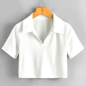 Short sleeve white women collar crop top shirt
